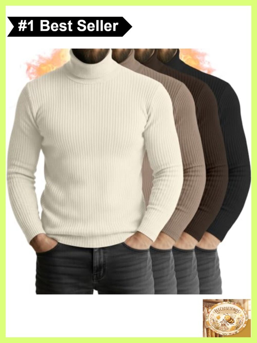Men's Cotton Turtleneck Long Sleeve Thermal Shirts 4 Pack Ribbed
